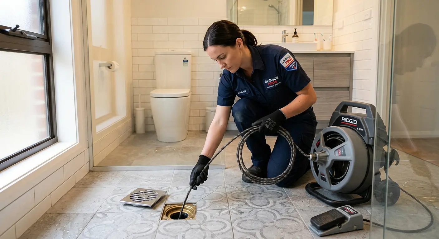 Technician clearing a bathroom floor drain for Sewer Line Installation in Trenton